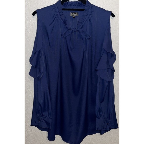 DG2 Diane Gilman Top Cold Shoulder Paper Bag Neckline Women Sz XL Navy Blue - Picture 1 of 9